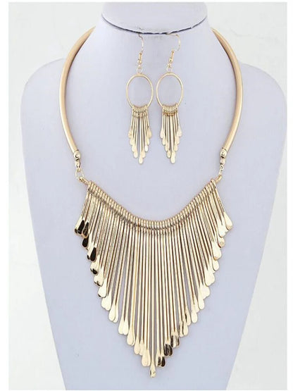 Multi-layer metal tassel necklace and earring set for women