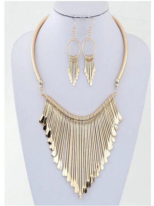 Multi-layer metal tassel necklace and earring set for women