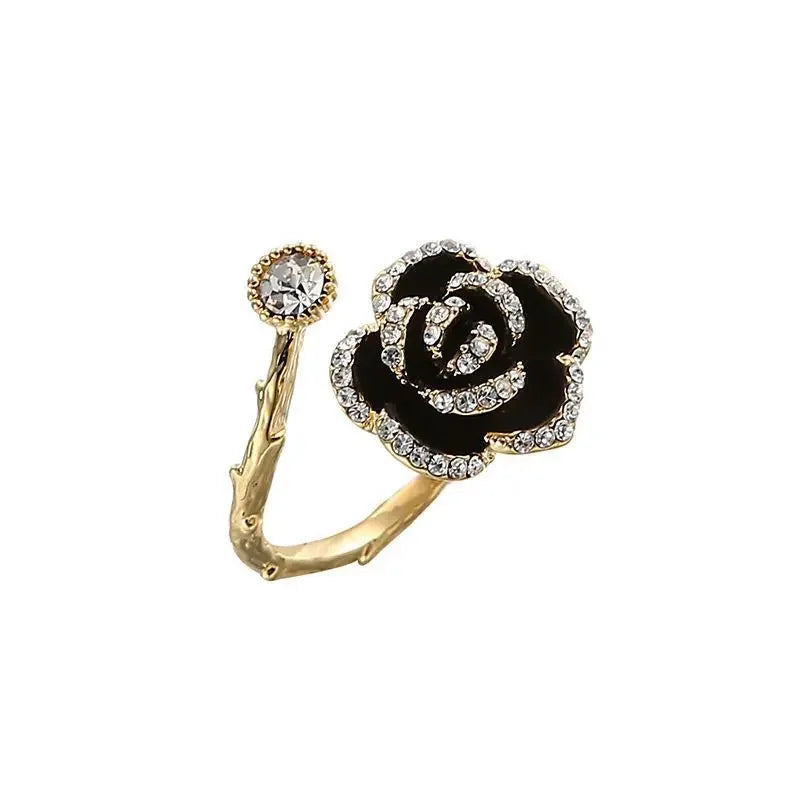 Korean Black Rose Shaped Metal Opening Ring for Women