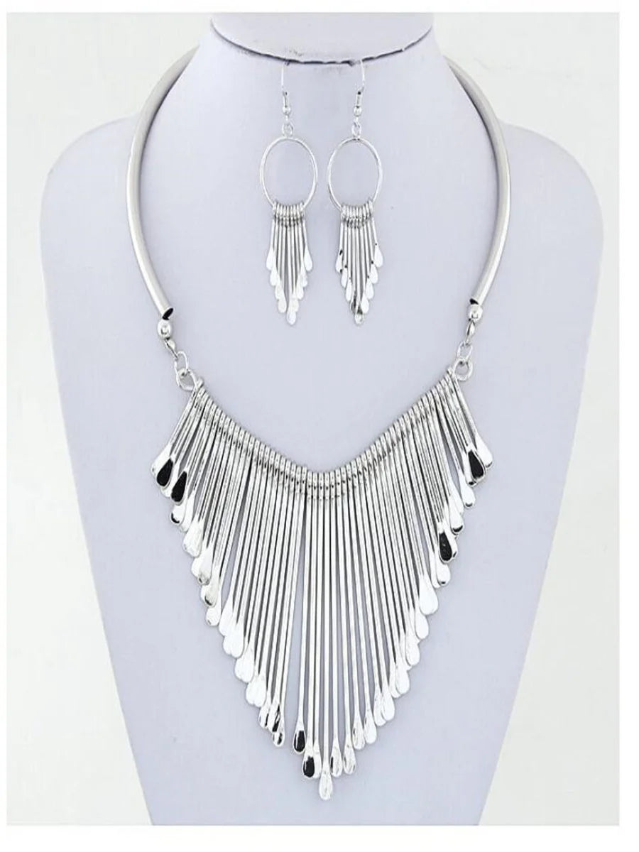 Multi-layer metal tassel necklace and earring set for women