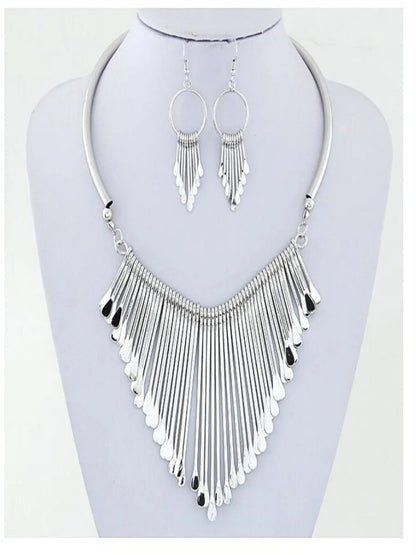 Multi-layer metal tassel necklace and earring set for women