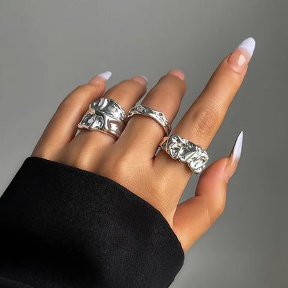 4Pcs/Set Fashion Punk Silver Color Irregular Geometric Rings