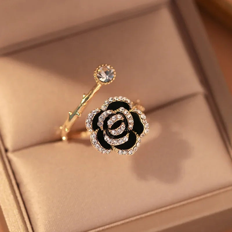 Korean Black Rose Shaped Metal Opening Ring for Women