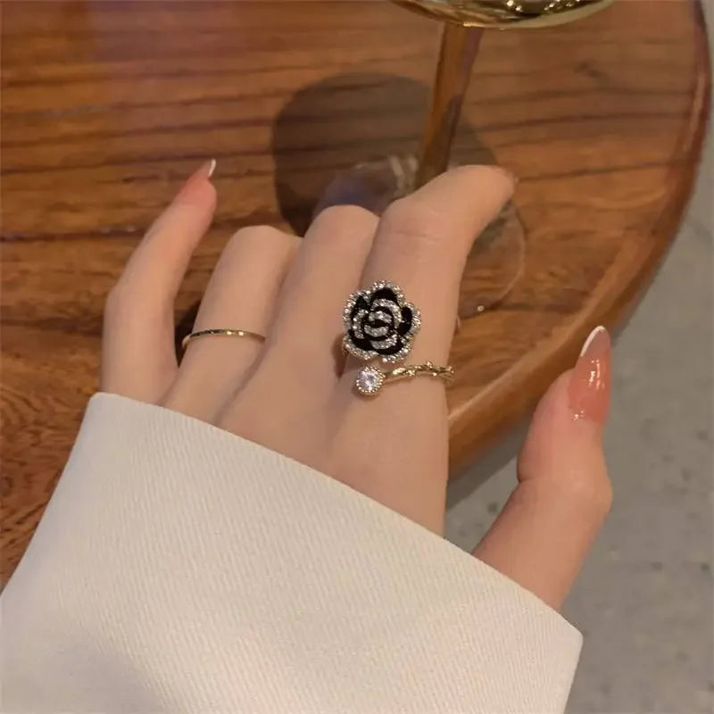 Korean Black Rose Shaped Metal Opening Ring for Women