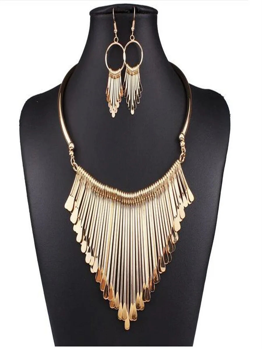 Multi-layer metal tassel necklace and earring set for women