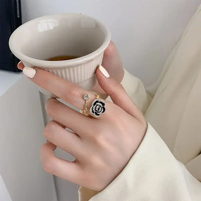 Korean Black Rose Shaped Metal Opening Ring for Women