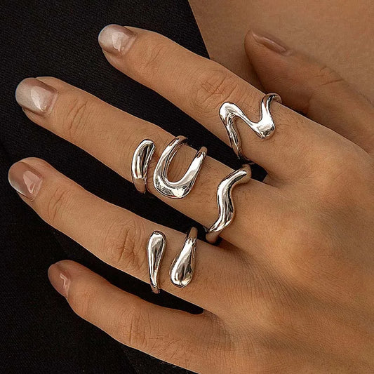 4Pcs/Set Fashion Punk Silver Color Irregular Geometric Rings